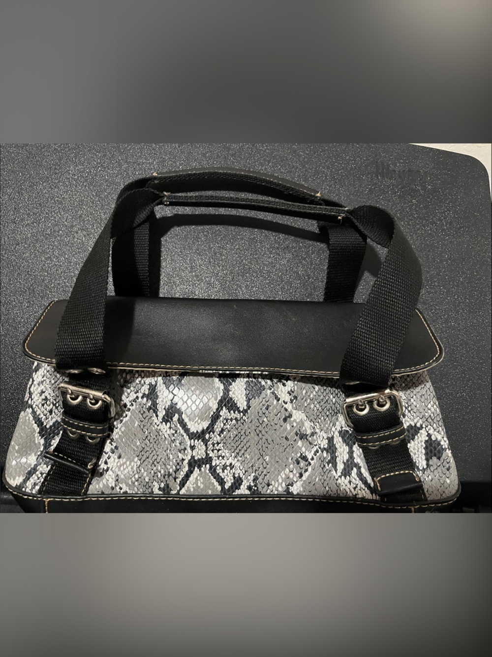 Nine West Black and Gray Snake-Print Tote with Top Handles